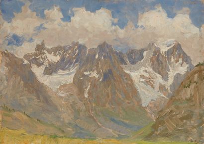 null Giorgio BELLONI (1861-1944) 

Montagnes et nuages

Huile sur panneau, signée...