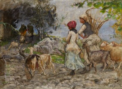 Mosè Bianchi (1840-1904) Bergères, chèvres, moutons
Huile sur panneau, signée en...