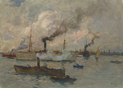 null Giorgio BELLONI (1861-1944) 

Bateaux pres du port

Huile sur toile, signée...