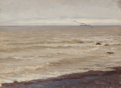 null Giorgio BELLONI (1861-1944) 

Bateau au large par temps gris

Huile sur panneau,...