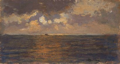 null Giorgio BELLONI (1861-1944) 

Effet de soleil, bateau

Huile sur panneau, signée...
