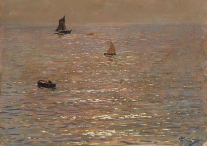 null Giorgio BELLONI (1861-1944)

Reflets et bateaux

Huile sur panneau, signée en...