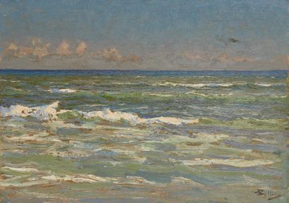 null Giorgio BELLONI (1861-1944) 

Mer verte, ciel dégagé

Huile sur panneau, signée...