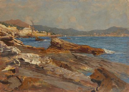 null Giorgio BELLONI (1861-1944) 

Côte rocheuse ensoleillée

Huile sur panneau,...