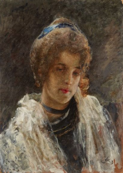 Mosè Bianchi (1840-1904) Jeune fille pensive
Huile sur carton, monogrammée en bas...