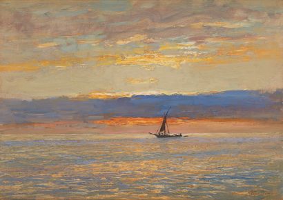 null Giorgio BELLONI (1861-1944) 

Bateaux au coucher du soleil

Huile sur panneau,...