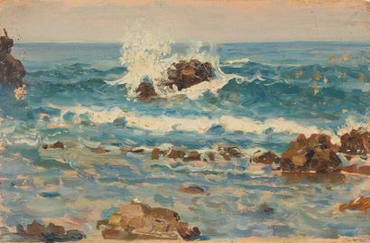 Giorgio BELLONI (1861-1944) Vagues heurtant un rocher

Huile sur panneau

11.2 x...