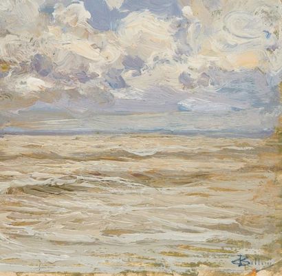 Giorgio BELLONI (1861-1944) Mer agitée, ciel orageux

Huile sur panneau

Signée en...