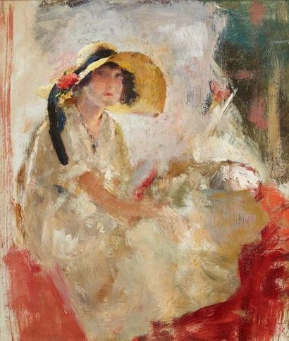Armando Spadini (1883-1925) Erina Bernini coiffée d'un chapeau

Huile sur toile

75...