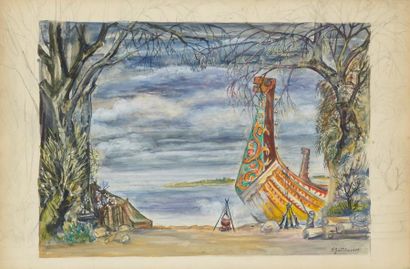 Natalia GONTCHAROVA (1881-1962) Paysage et bateau

Gouache et aquarelle sur papier,...