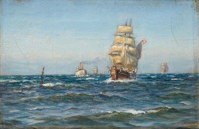 Attribué Anton MELBYE (1818-1875) Marine, 

Huile sur toile

19.5 x 28.5 cm. - 7...