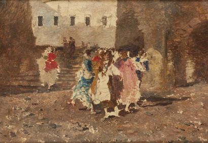 Mosè Bianchi (1840-1904) Groupe près des marches

Huile sur panneau

Monogrammée...