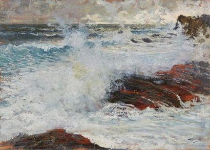 Giorgio BELLONI (1861-1944) Côte balayée par les vagues, gros temps

Huile sur panneau

Signée...
