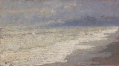 Giorgio BELLONI (1861-1944) Vagues, temps gris

Huile sur panneau

Signée en bas...