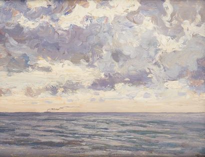 Giorgio BELLONI (1861-1944) Paysage de mer, fumées

Huile sur panneau

Signée en...