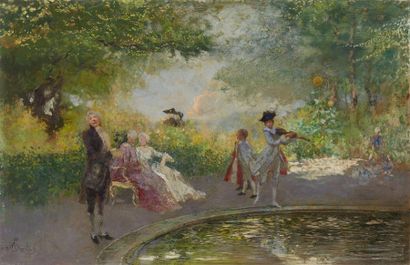 Mose BIANCHI (1840-1904) 
Personnages dans un parc près d'un bassin
Huile sur panneau
Signée...