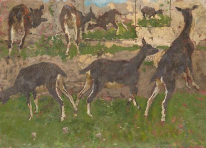 Mose BIANCHI (1840-1904) 
Les chèvres
Huile sur papier
Monogrammée en bas à droite
38...