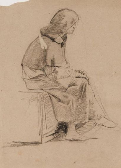 Mose BIANCHI (1840-1904) 
Religieux assis
Fusain sur papier
34 x 24.5 cm. - 13 3/8...