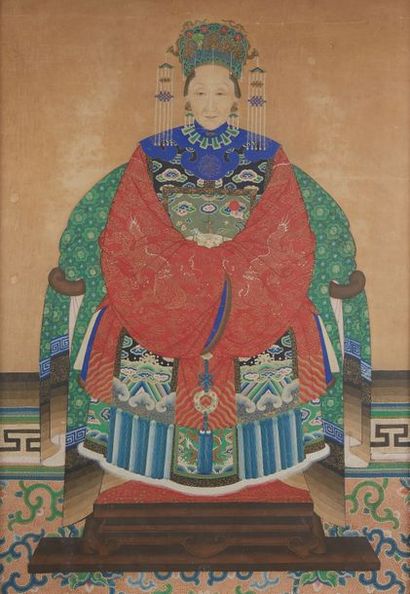 Ecole chinoise du XIXème Portrait de l'impératrice douairière CIXI
Dessin polychrome...