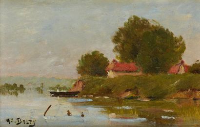 Jacques Henri DELPY (1877-1957) Barques en bord de riviere 

Huile sur panneau

Signée...