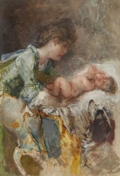 * Mosè BIANCHI (1840-1904) Mère et son enfant avec un chien
Huile, gouache et aquarelle...