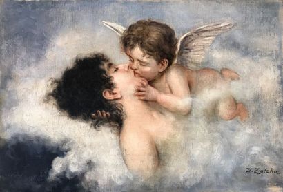 Hans ZATZKA (1859-1945) Hans ZATZKA (1859-1945)
Le baiser de cupidon
Huile sur toile
Signée...