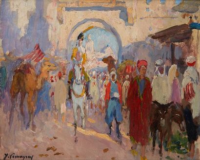 Adrien Jean LE MAYEUR DE MERPRES (1880-1958) Cavalier entrant dans la cité
Huile...