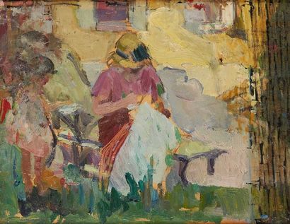 Bessi Ellen DAVIDSON (1879-1965) La couture dans le jardin et paysage
Huile double...