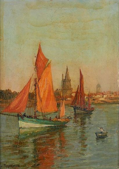 LOUIS-ETIENNE TIMMERMANS (1846-1910) Bateaux à la sortie du port
Huile sur panneau,...