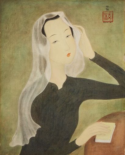 MAITRUNG THU (1906-1980) Jeune fille au livre
Encre et gouache sur soie, signée "Mai...