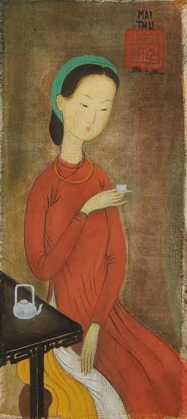 MAITRUNG THU (1906-1980) Jeune fille buvant du thé
Encre et gouache sur soie, signée...