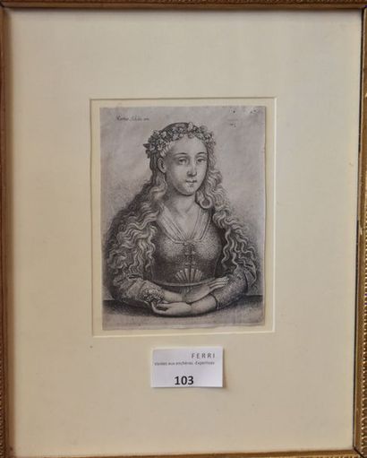 null Wenceslaus HOLLAR d'après Martin Schongauer : Femme avec une couronne de feuilles...