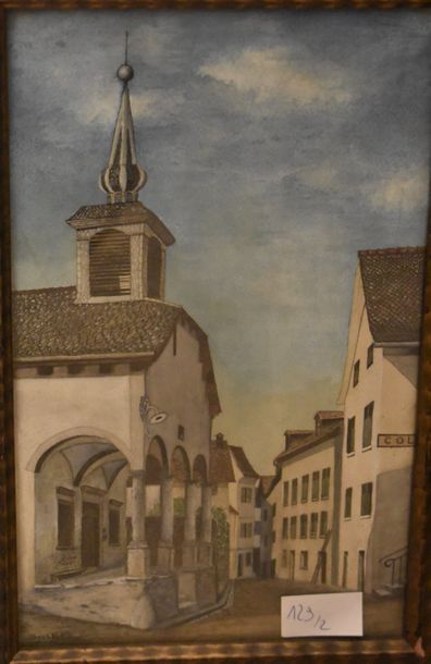 null DEUX AQUARELLES : Vue de Strasbourg (Haut. 22 - Larg. 15 cm) et Place de l'église...