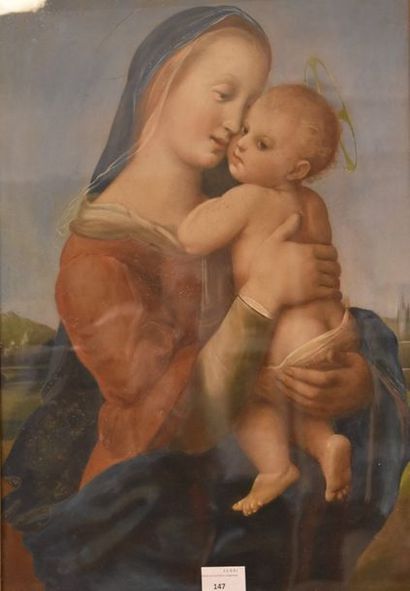 null GOUACHE Vierge à l'Enfant d'après Raphaël. Haut. 53 - Larg. 36 cm