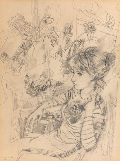  Raymond LEGUEULT (1898-1971) 
Jeune femme à la boutonnière 
Dessin au crayon, signé...