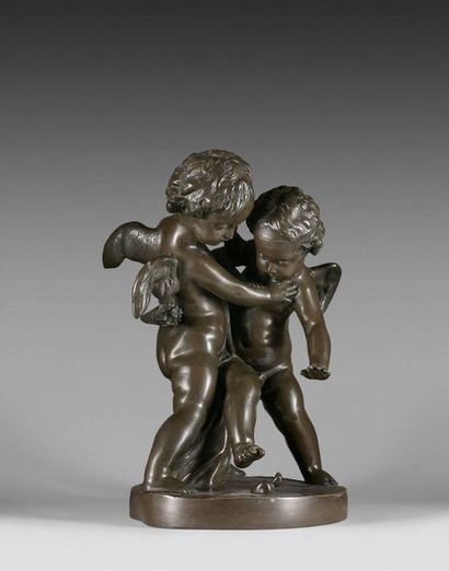 null Groupe en bronze à patine brune représentant deux amours jouant, d’après CLODION.

XIXe...
