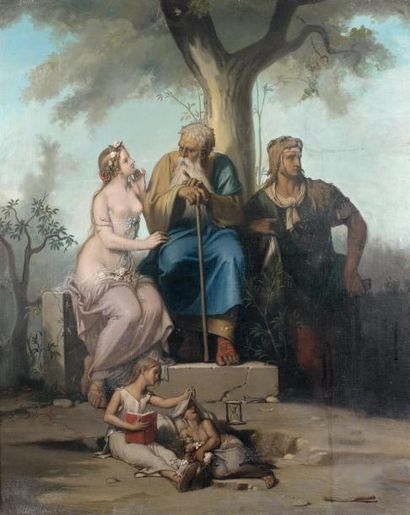 Bénédict MASSON (1819-1893) Les Ages de la vie (?) Toile marouflée sur isorel, signée...