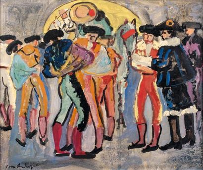 Pierre AMBROGIANI (1907-1985) Les Toreros avant le combat Peinture sur carton signée...