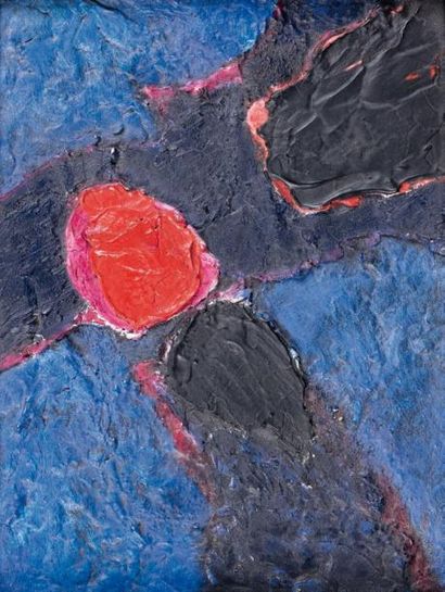 Jean BRISSON DUVAL (1931-1999) Abstraction bleue, rouge et noire Toile signée au...