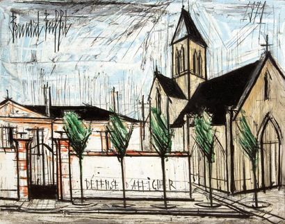 Bernard BUFFET (1928-1999) Rue et église Huile sur carton signée en haut à gauche:...