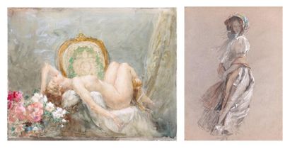 Antoine CALBET (1860-1944) Femmes Neuf aquarelles ou dessins signés, avec cachet...