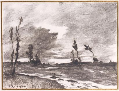 Henri Joseph HARPIGNIES Paysage par temps d'orage Dessin au fusain, signé en bas...