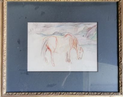 null Oskar KOKOSCHKA (att. à) : Etude de cheval. Dessin aux crayons de couleurs,...