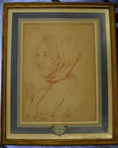 null Willem WILTMAN : Portrait de femme au foulard. Sanguine. Signée en bas à droite...