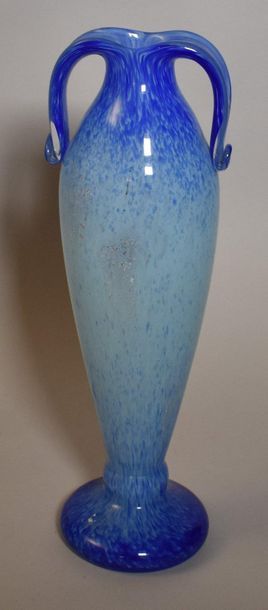 VASE with two handles in blue spotted glass...