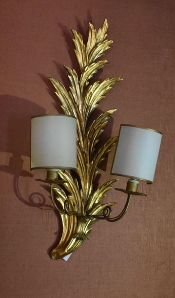 Pair of two-light gilded wood sconces with...