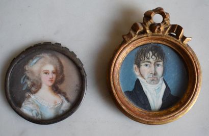 TWO ROUND MINIATURES: Portrait of Woman with...