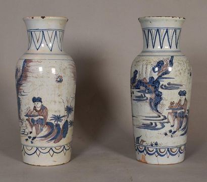 TWO Nevers VASES with blue and manganese...