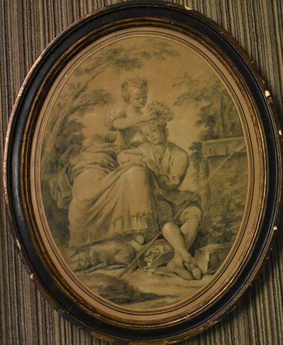 null 18th century FRENCH SCHOOL : Gallant scene. Black stone and white chalk highlights....