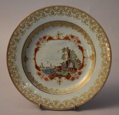 null ASSEMBLY Compagnie des Indes, with polychrome Dutch decor of a harbour scene....